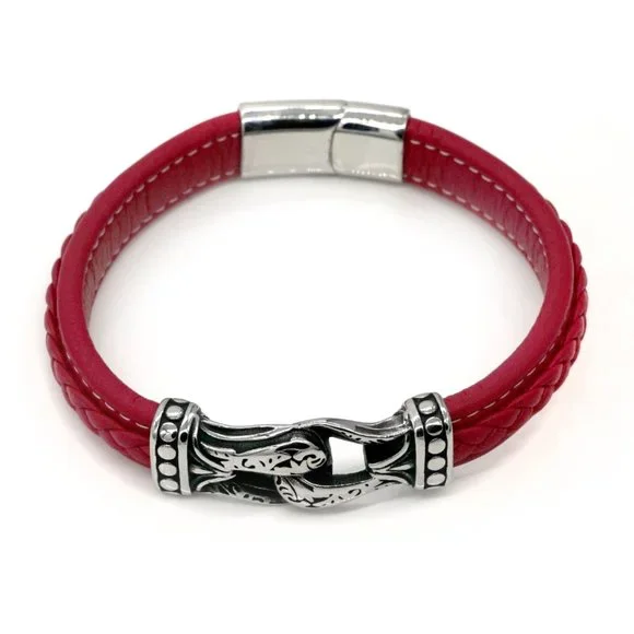 Men's red leather bracelet with magnetic clasp. - Picture 2 of 4